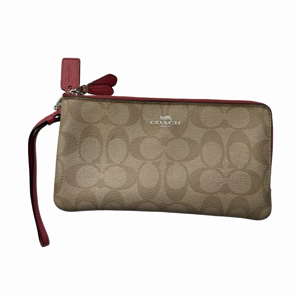 COACH 66506‎ Tan Coral Pink Signature Double Corner Zip Wristlet Coated Canvas
